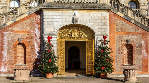 Decorated Christmas trees outside the Sounding Chamber at Cliveden, Buckinghamshire